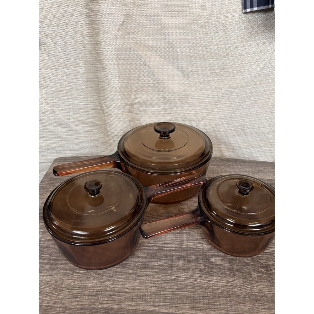 Vintage Visions Cookware Amber Glass Set Pans Lids 6p Corningware PYREX Vision